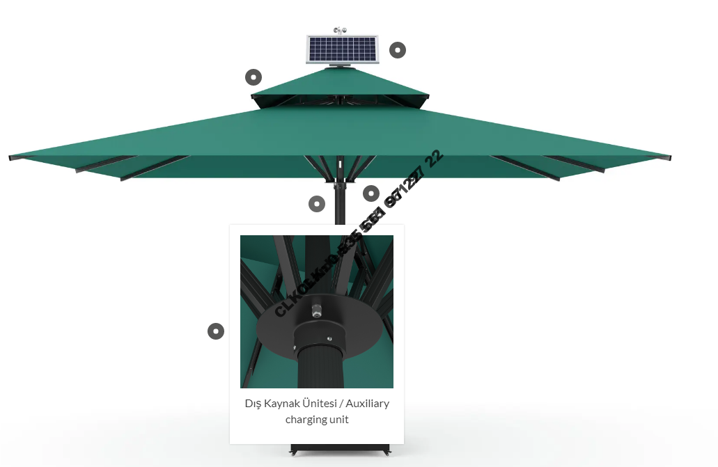 CLK Ultra 5x5 Metre Solar Güneş Panelli Led Işıklı Motorlu Alüminyum Teleskopik Şemsiye Krankşaft Akrilik Kumaş - Image 6