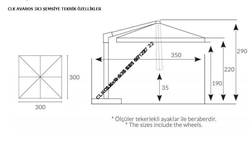CLK Avanos 3x3 Metre Yandan Kollu Kahverengi Bahçe Havuz Otel Şemsiyesi - Image 8